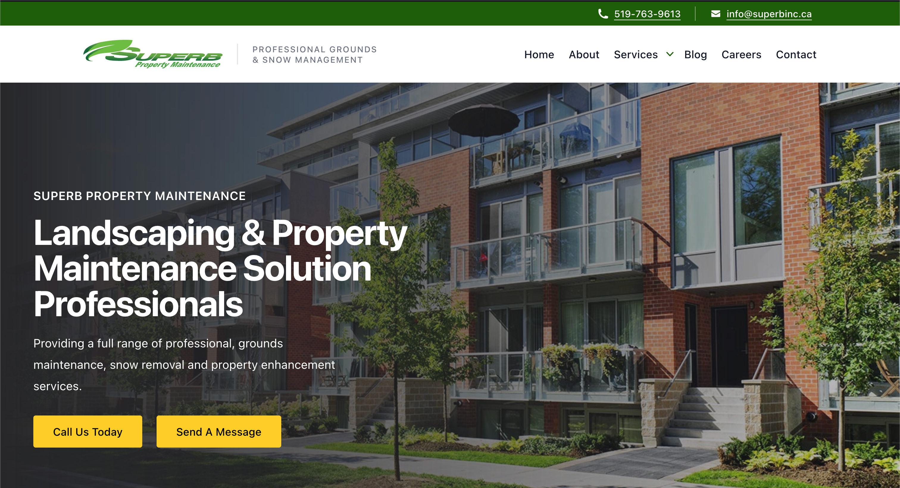 Landing page for superb landscaping - image of building with a text description